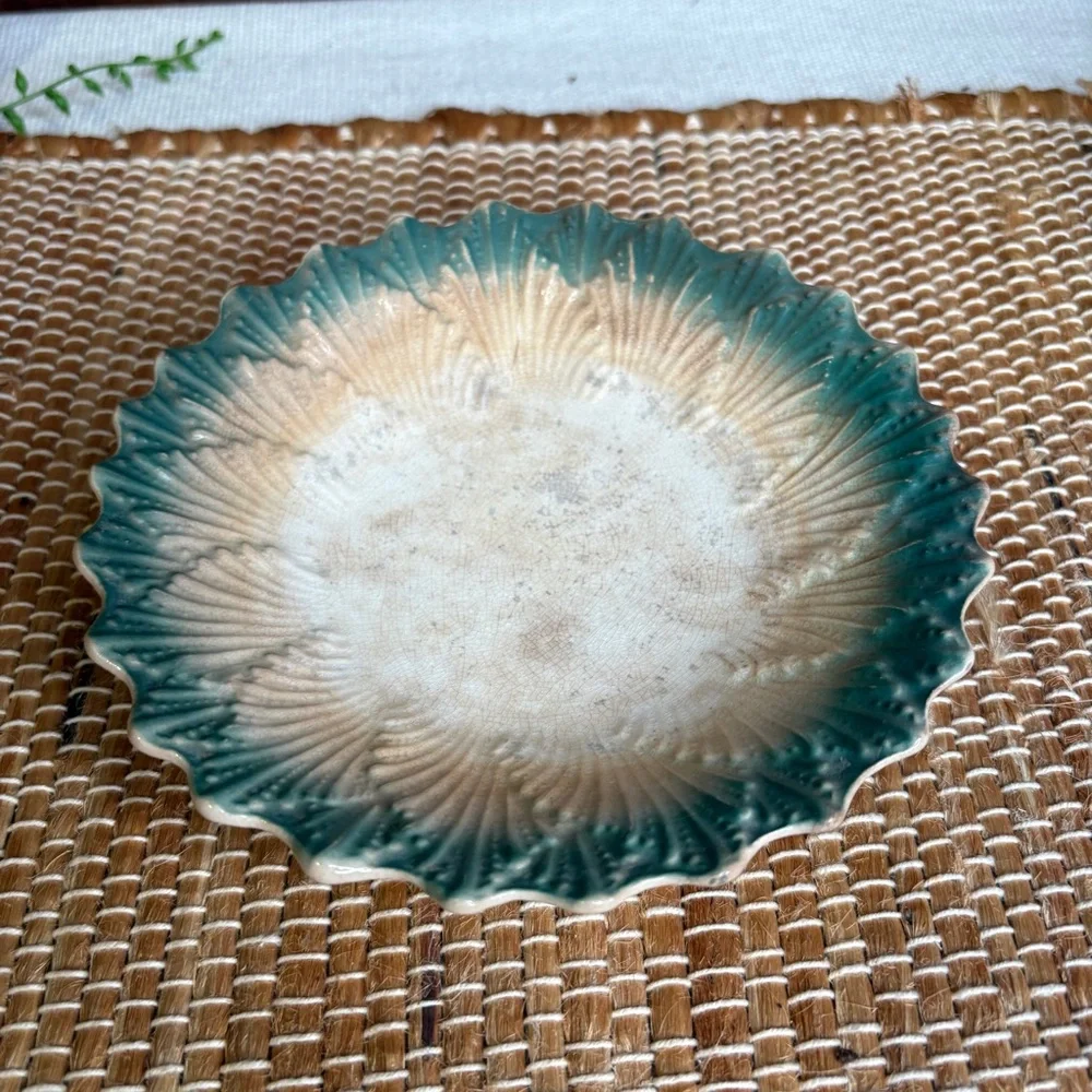 Antique Lebeau Porcelaine Green & Ecru Art Deco Fan Shell Bowl